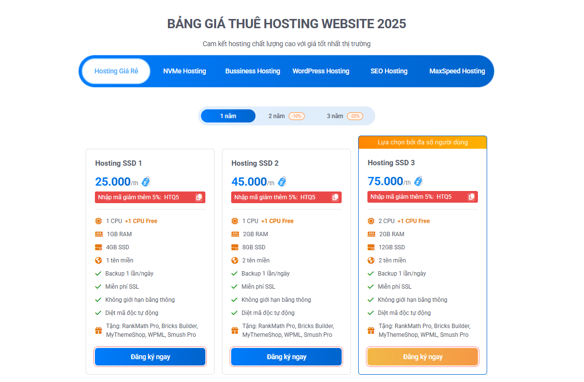 Bảng Giá Hosting Chất Lượng - Web Hosting Tốc Độ Cao 2025 5 Bảng giá hosting Vietnix cập nhật tháng 9/2025