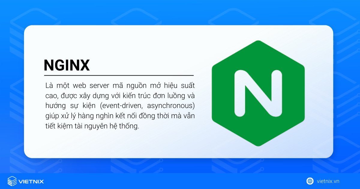 NGINX là gì? Tổng quan vai trò, kiến trúc và ứng dụng của NGINX 29 NGINX là một web server mã nguồn mở hiệu suất cao, được xây dựng với kiến trúc đơn luồng và hướng sự kiện