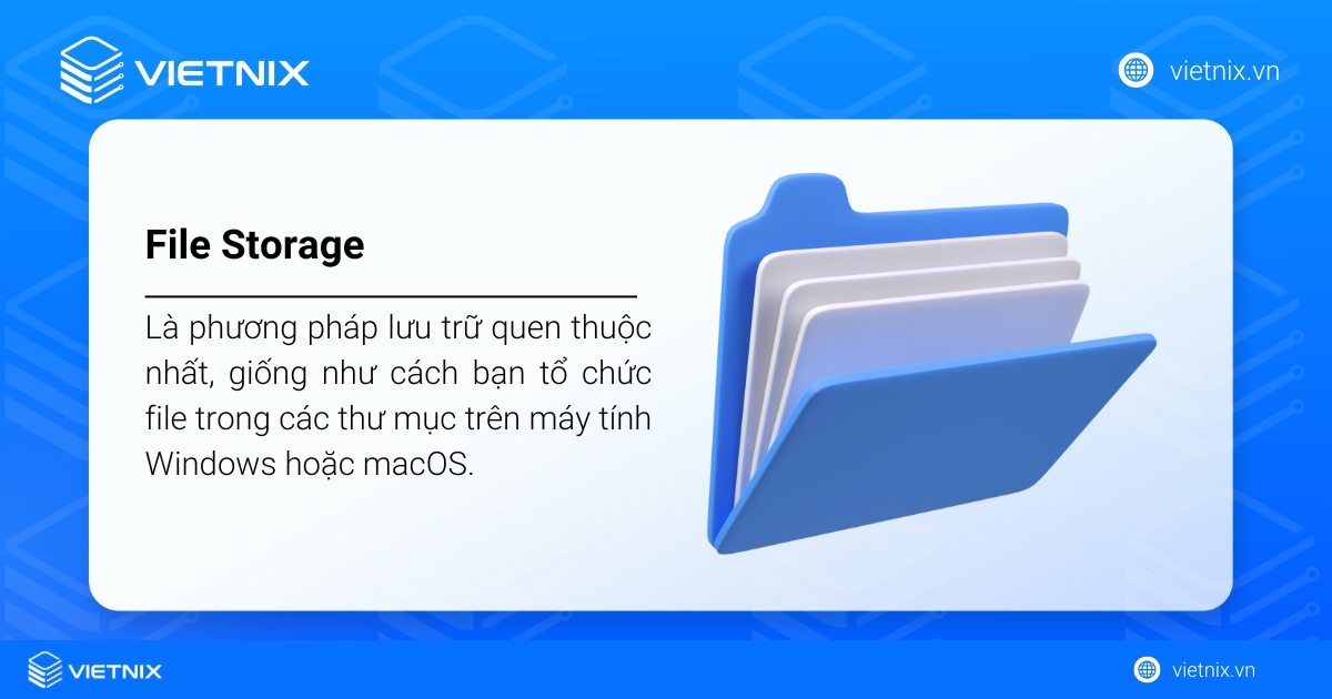 Object Storage là gì? Định nghĩa, lợi ích và so sánh chi tiết 41 File Storage (Lưu trữ tệp) là phương pháp lưu trữ quen thuộc nhất