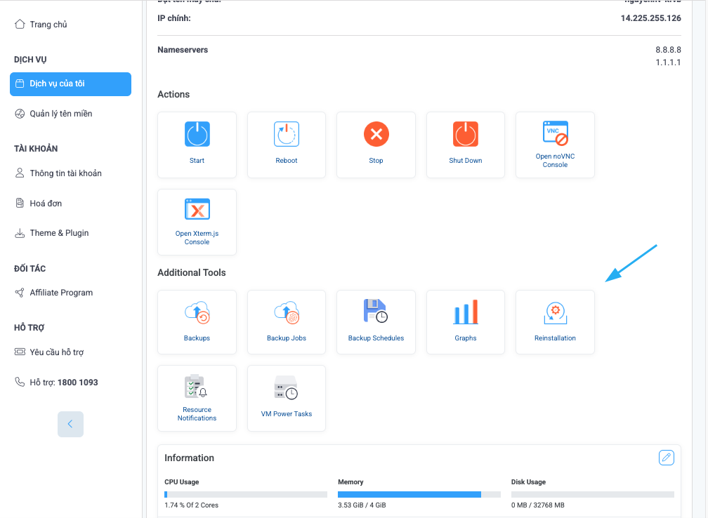 Hướng dẫn chi tiết cách reinstall VPS chi tiết và an toàn 25 Chọn biểu tượng Reinstallation