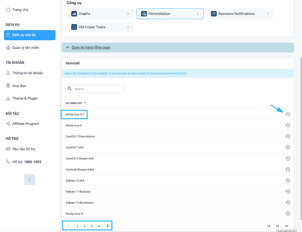 Hướng dẫn chi tiết cách reinstall VPS chi tiết và an toàn 26 Tìm đến OS cần cài sau đó ấn vào biểu tượng bên phải
