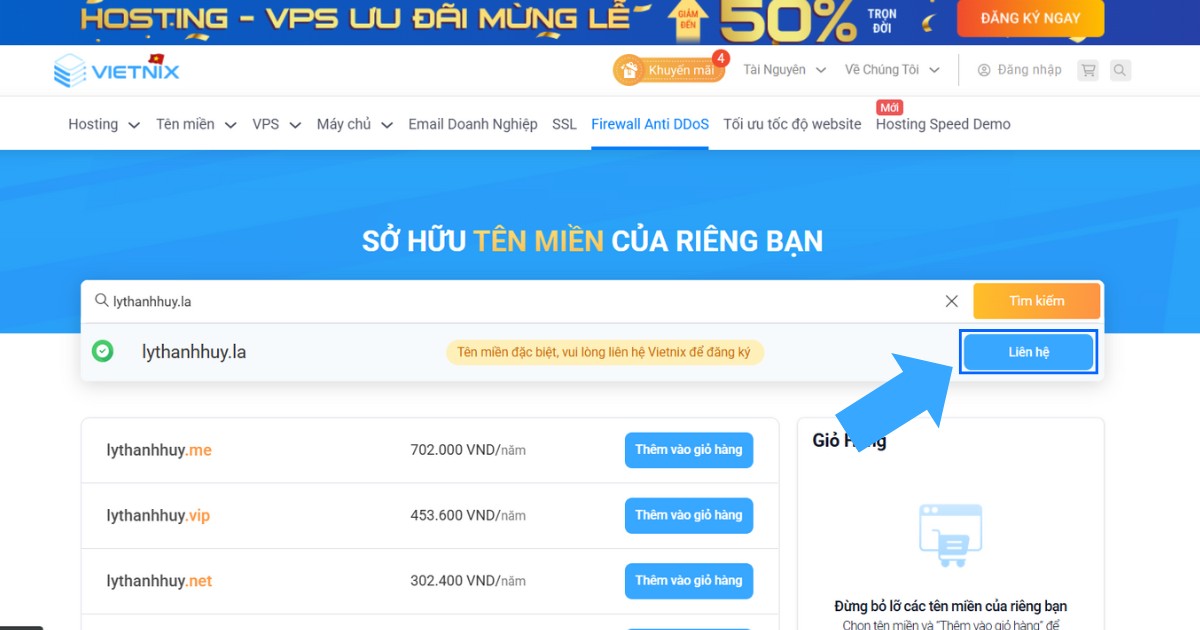 Tên miền .la là gì? Ưu nhược điểm và cách đăng ký tên miền .la tại Vietnix 29 Khi tên miền còn trống, hãy nhấn vào nút Liên hệ để nhận được hướng dẫn chi tiết về quy trình mua tên miền
