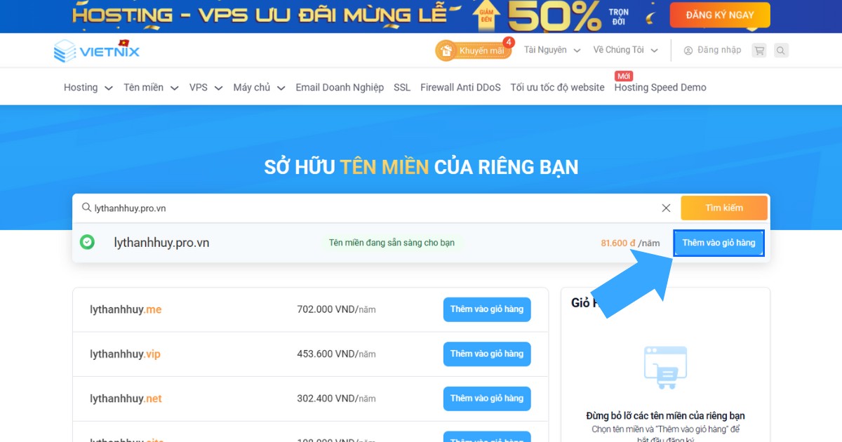 Tên miền .pro.vn là gì? Cách đăng ký tên miền .pro.vn chi tiết 39 Nếu tên miền còn trống, chọn Thêm vào giỏ hàng