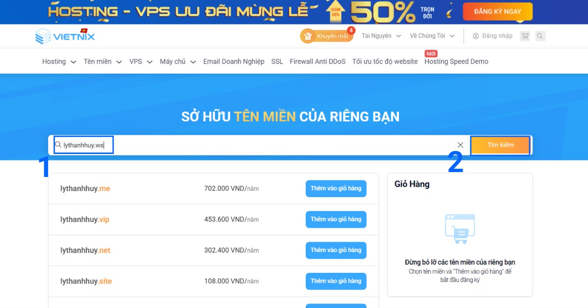Nhập tên miền .ws mong muốn vào ô tìm kiếm