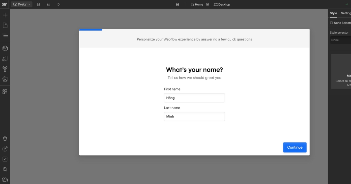 Webflow là gì? Ưu nhược điểm và quy trình thiết kế website với Webflow 55 Sau khi hoàn tất quá trình đăng ký, trả lời một số câu hỏi khảo sát