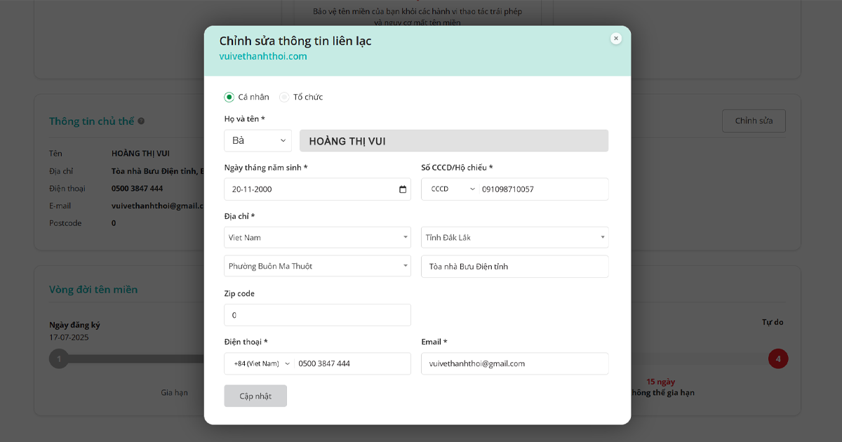 chỉnh sửa thông tin chủ thể tên miền