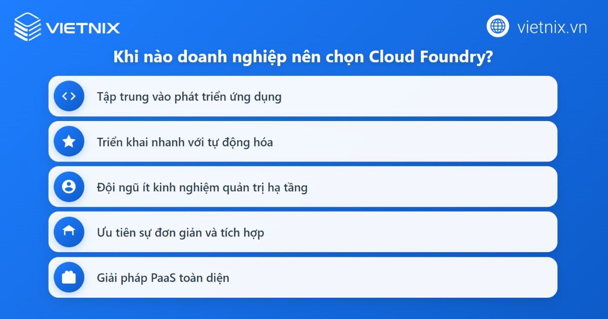 Cloud Foundry là gì? Tính năng nổi bật và cách thức hoạt động của Cloud Foundry 17 Trường hợp doanh nghiệp nên chọn Cloud Foundry