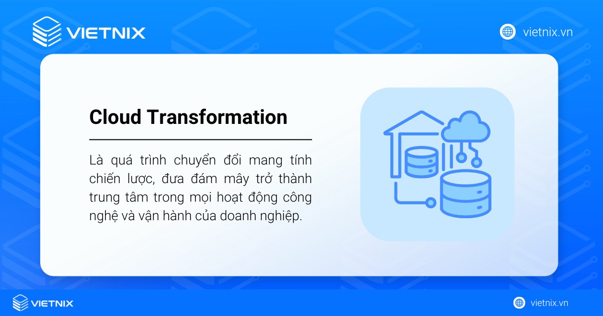 Cloud Transformation là gì? So sánh Cloud Transformation với Cloud Migration 25 Cloud Transformation là quá trình đưa đám mây trở thành trung tâm trong mọi hoạt động công nghệ và vận hành