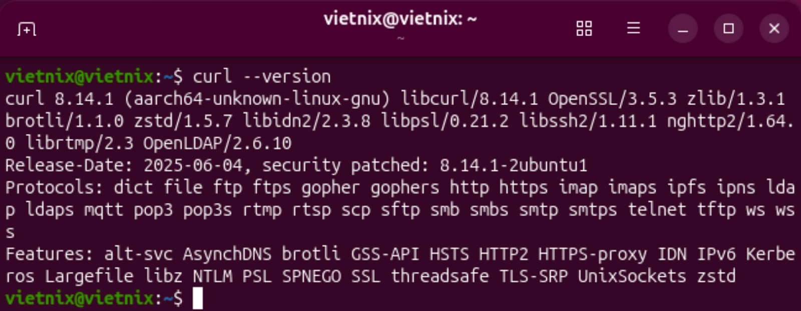 cURL là gì? Cách sử dụng và các lệnh cần biết trong Linux 24 Kiểm tra nhanh bằng lệnh curl --version để xác nhận cURL đã hoạt động