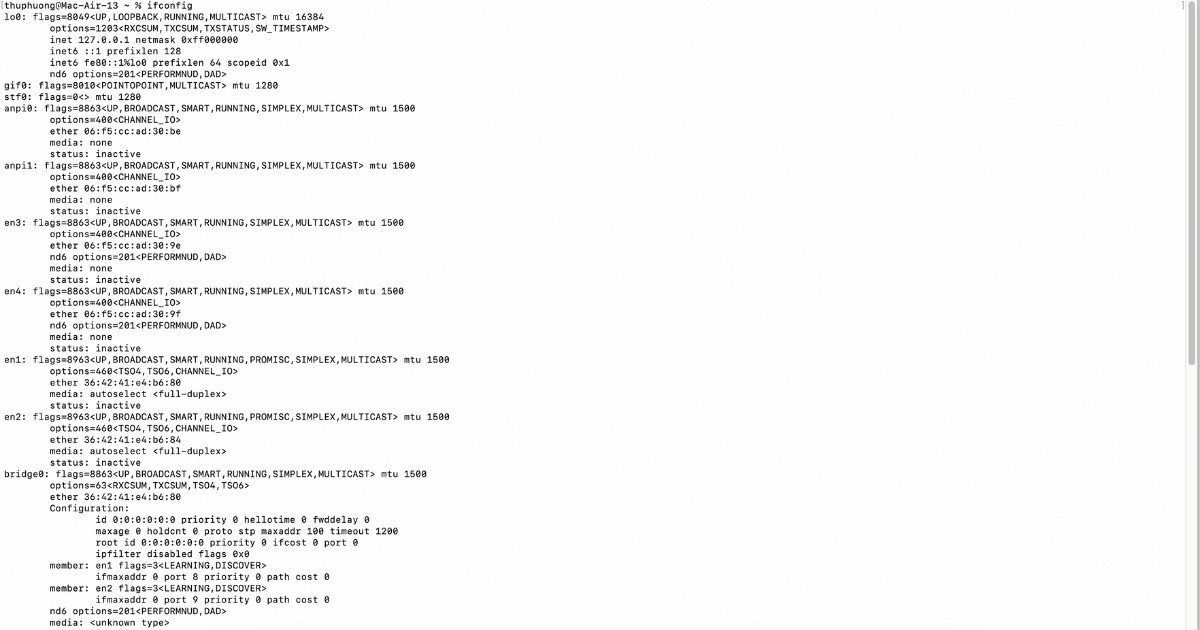 Địa chỉ MAC là gì? Hướng dẫn kiểm tra, tính ứng dụng và phân loại chi tiết 75 Nhập lệnh ifconfig và nhấn Enter để xem địa chỉ MAC