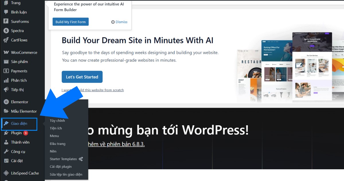 Hướng dẫn cập nhật theme WordPress chi tiết, an toàn và lưu ý trước khi update 23 bạn chọn mục Giao diện trong thanh menu bên trái