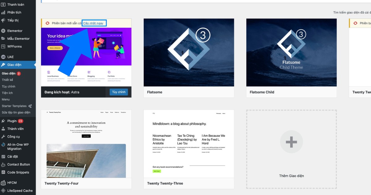 Hướng dẫn cập nhật theme WordPress chi tiết, an toàn và lưu ý trước khi update 24 Một liên kết Cập nhật ngay sẽ xuất hiện phía trên tên theme