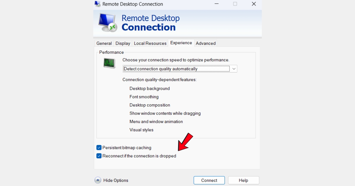 Lỗi An Internal Error Has Occurred VPS: Khắc phục và phòng ngừa toàn diện 46 Bạn bỏ chọn ô "Reconnect if connection dropped"