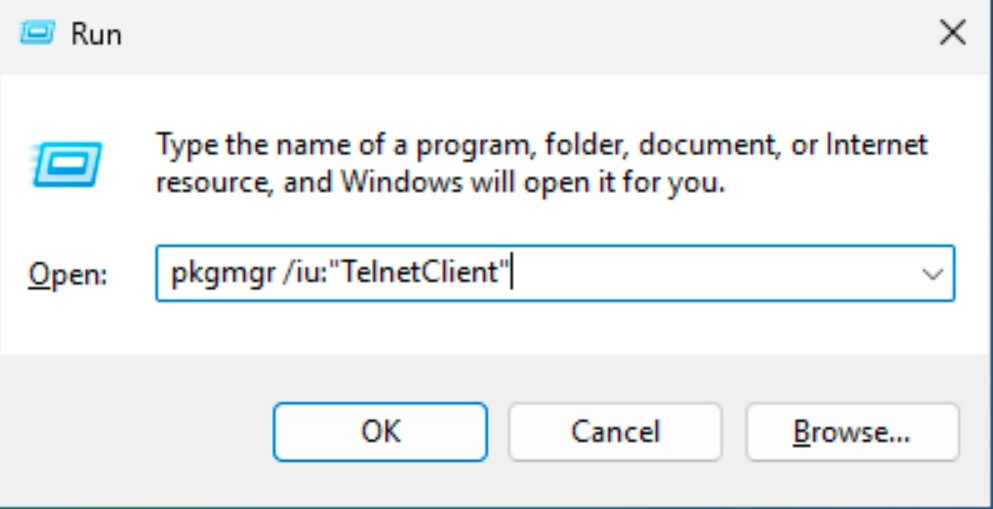 Nhập lệnh pkgmgr /iu:"TelnetClient" và nhấn Enter
