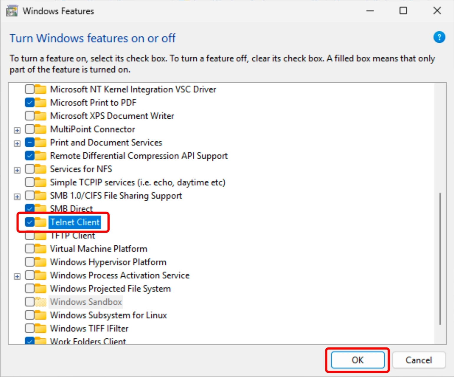 Tìm và tích chọn Telnet Client