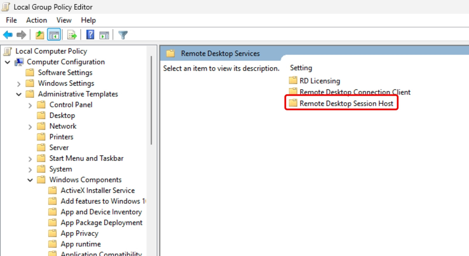 Bạn mở Local Group Policy Editor (gpedit.msc), sau đó điều hướng đến Remote Desktop Session Host