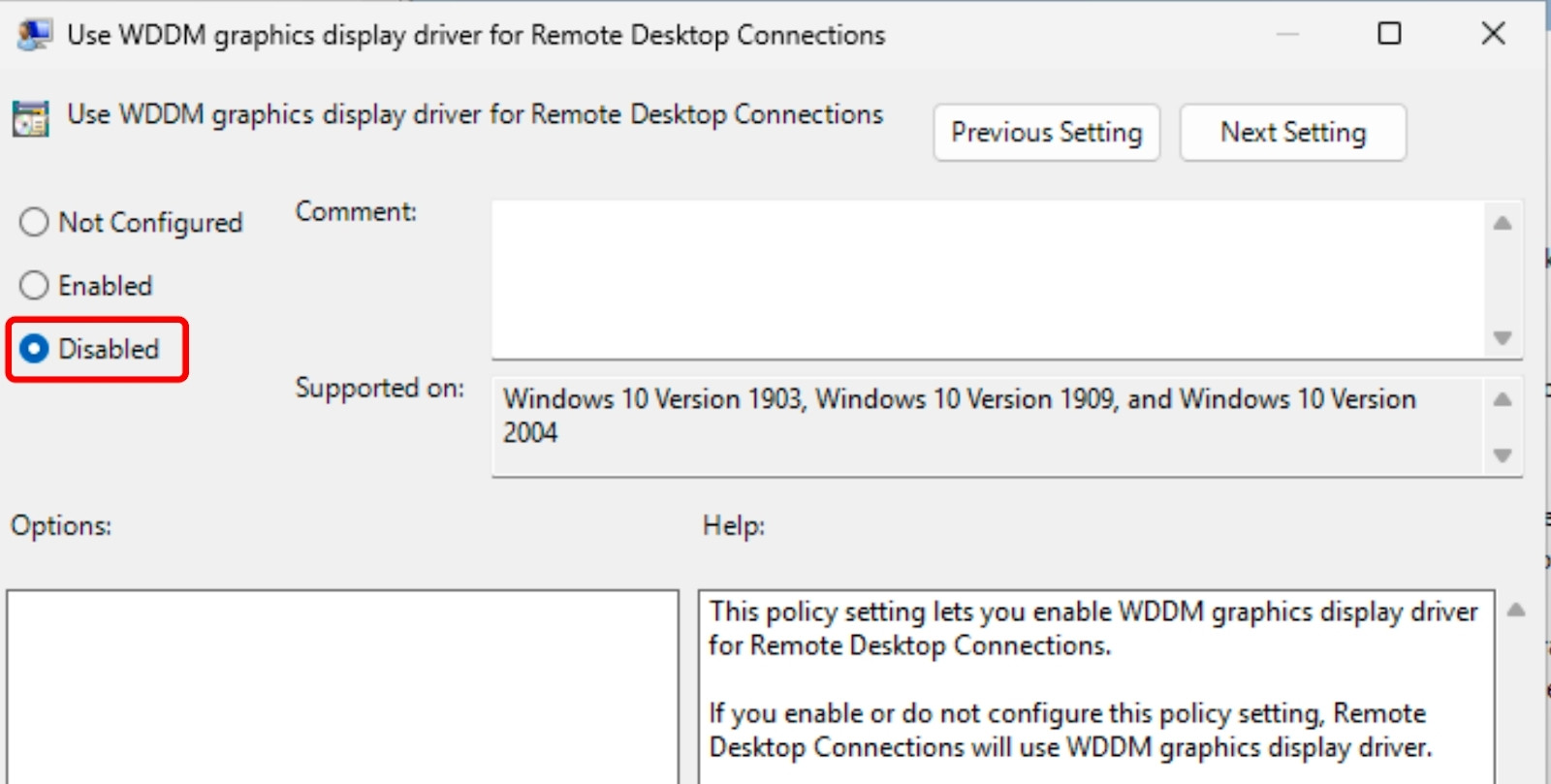 Tìm Use WDDM graphics display driver for Remote Desktop Connections, chọn Disable để khắc phục lỗ