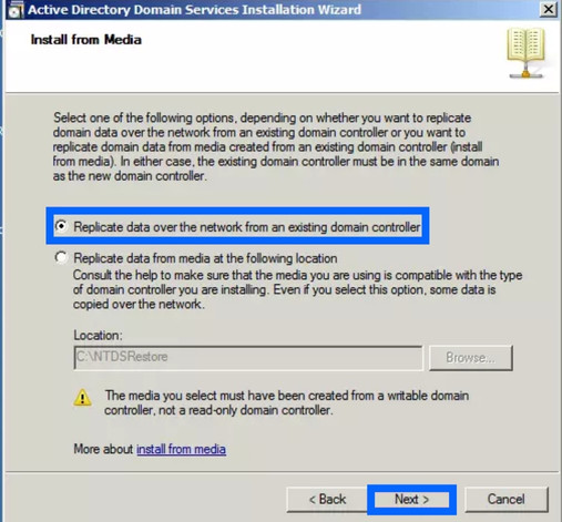 Hướng dẫn cài đặt Additional Domain Controller trên Windows Server chi tiết 79 Chọn Replicate data from media at the following location để tạo domain controller