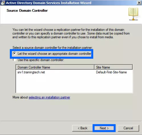 Hướng dẫn cài đặt Additional Domain Controller trên Windows Server chi tiết 81 Click vào Use this specific domain troller chỉ định domain làm nguồn sao chép