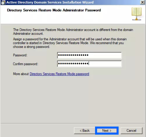 Hướng dẫn cài đặt Additional Domain Controller trên Windows Server chi tiết 83 Nhập một password đủ mạnh vào hai ô Password và Confirm Password