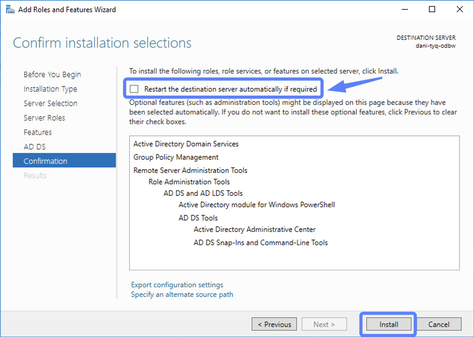 Hướng dẫn cài đặt Additional Domain Controller trên Windows Server chi tiết 95 Chọn vào ô Restart the destination server automatically if required