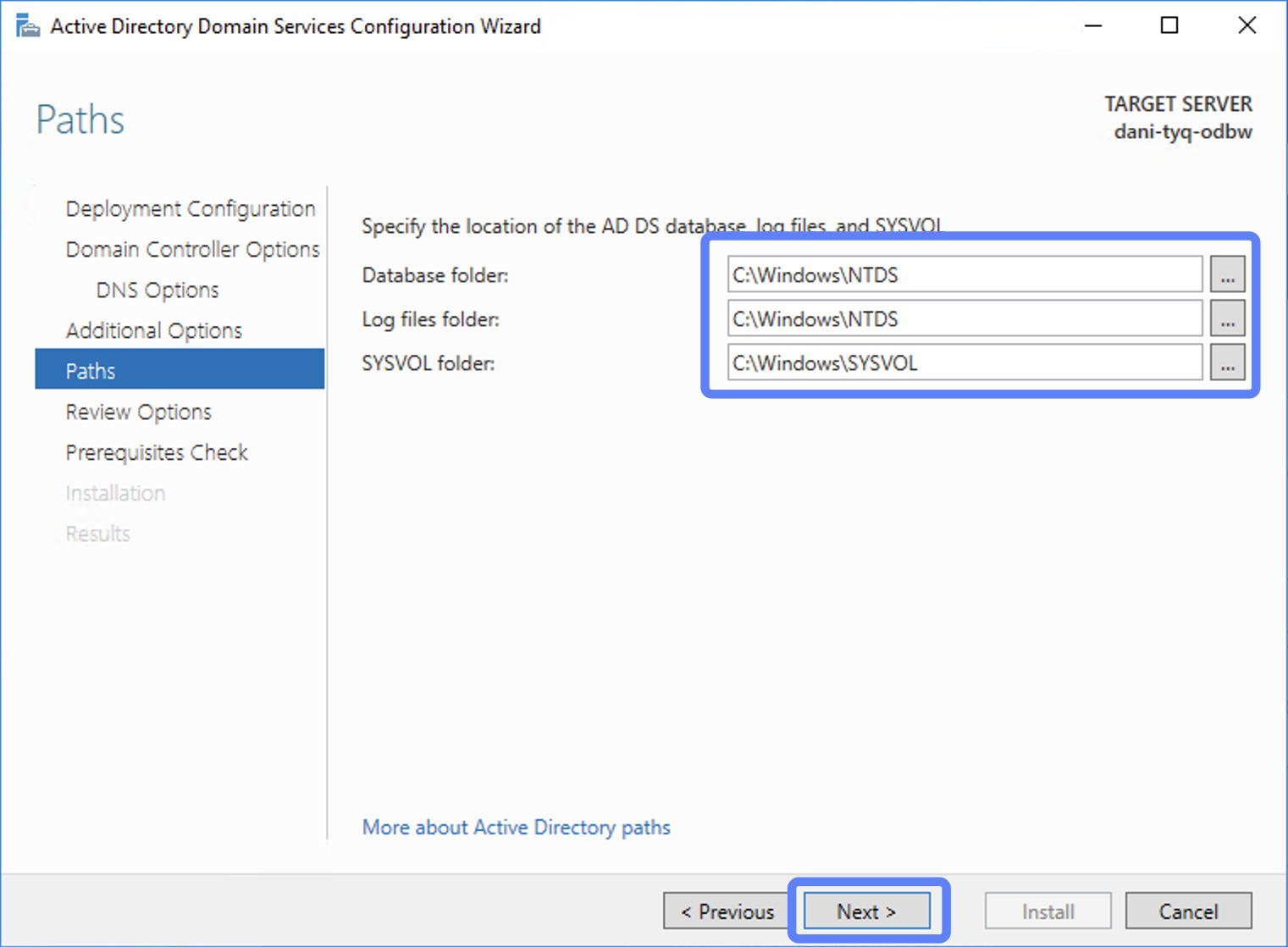 Hướng dẫn cài đặt Additional Domain Controller trên Windows Server chi tiết 120 Đặt location của cơ sở dữ liệu AD DS