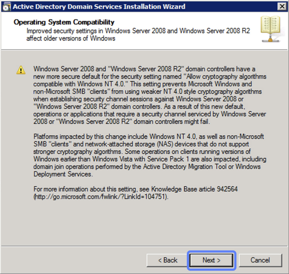 Hướng dẫn cài đặt Additional Domain Controller trên Windows Server chi tiết 72 Xem xét kỹ các cảnh báo về cài đặt bảo mật mặc định cho Domain Controller
