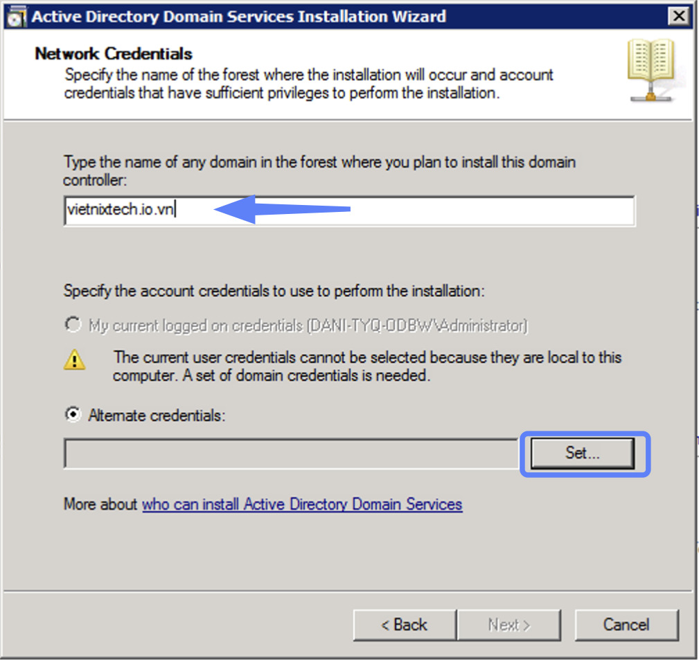 Hướng dẫn cài đặt Additional Domain Controller trên Windows Server chi tiết 74 Nhập domain muốn cài đặt domain controller vào trường văn bản
