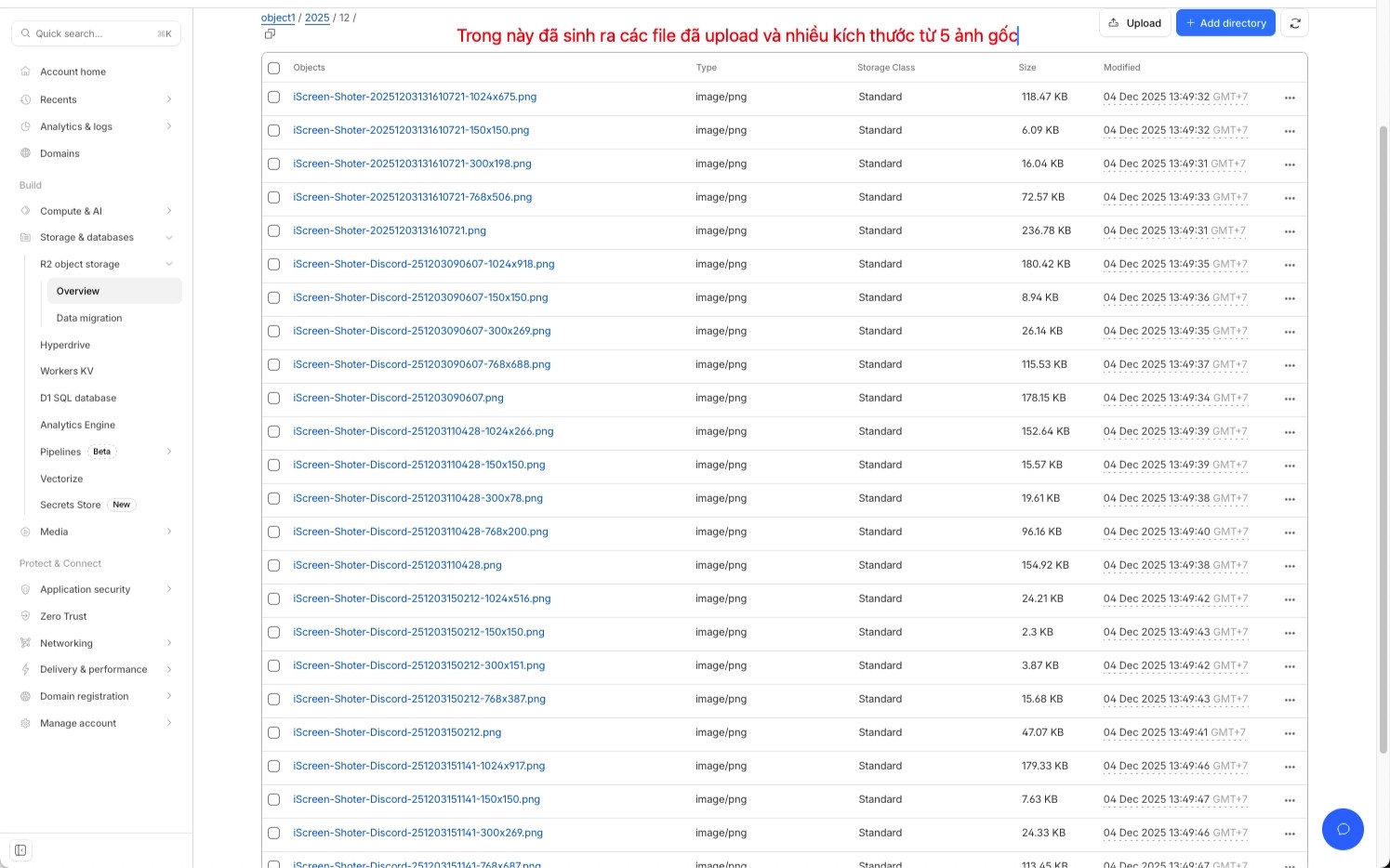 File đã upload sẽ hiển thị nhiều ảnh với kích thước khác nhau từ ảnh gốc