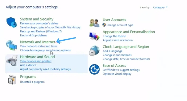 Chọn Network and Internet