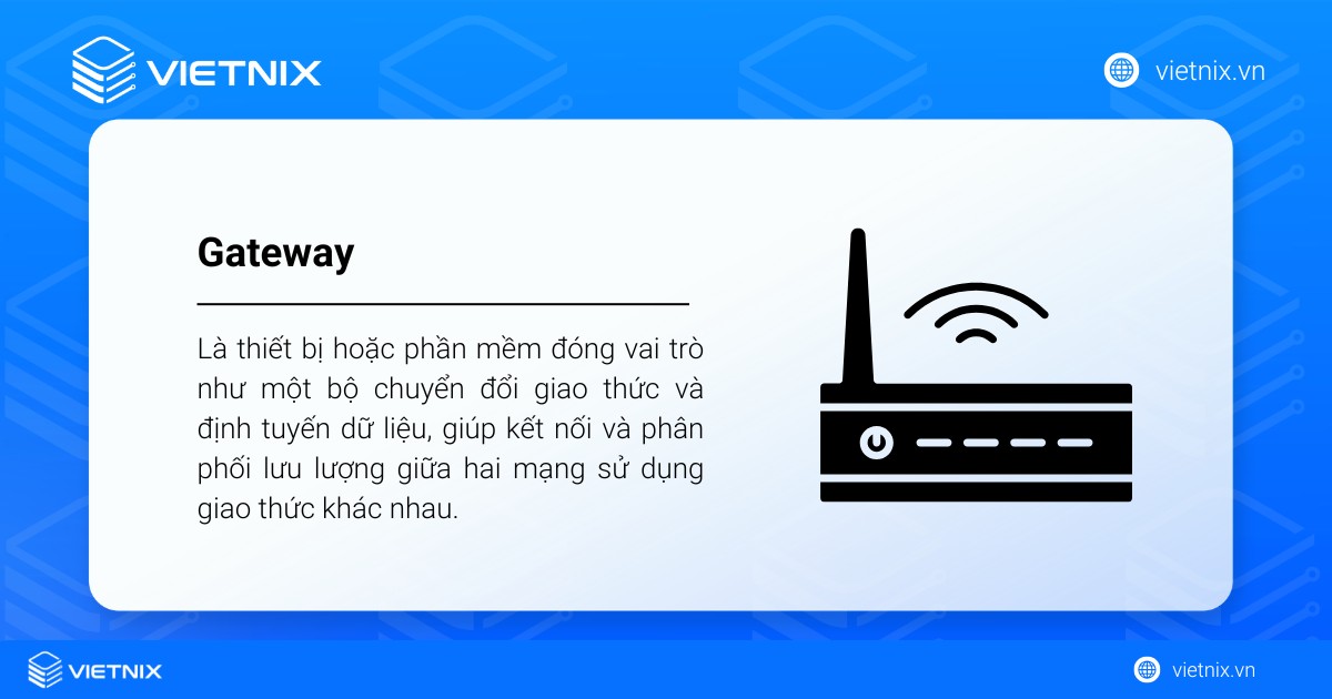 Gateway là thiết bị hoặc phần mềm đóng vai trò như một bộ chuyển đổi giao thức và định tuyến dữ liệu