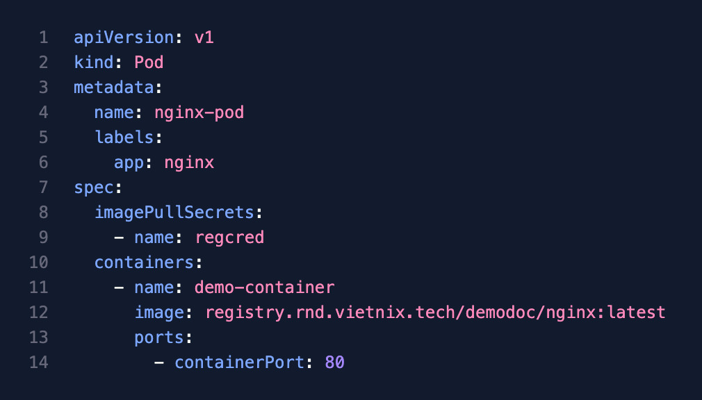 Sửa lại manifest Pod để khai báo secret này trong trường imagePullSecrets