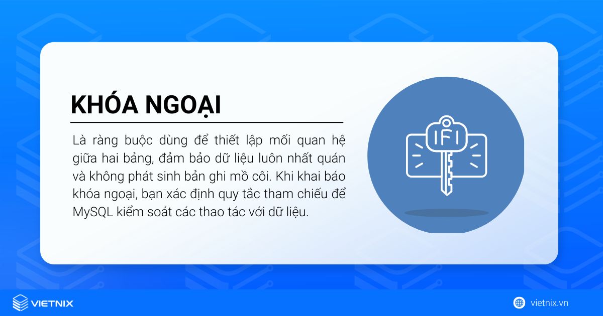 Khóa ngoại (foreign key) trong MySQL là ràng buộc dùng để thiết lập mối quan hệ giữa hai bảng