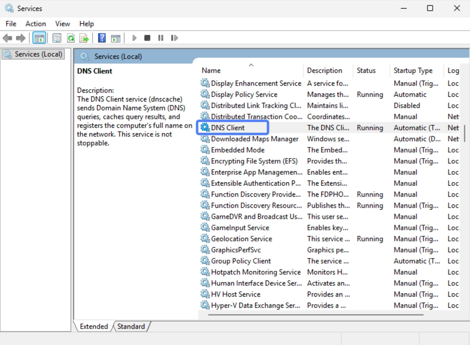 7 cách khắc phục lỗi không tìm thấy địa chỉ DNS nhanh chóng, chi tiết 41 Trong cửa sổ Services, bạn cuộn xuống và tìm dịch vụ có tên DNS Client