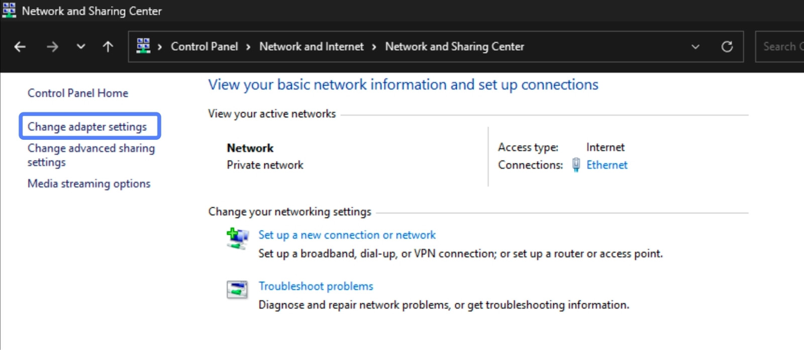 7 cách khắc phục lỗi không tìm thấy địa chỉ DNS nhanh chóng, chi tiết 34 Ở menu bên trái, bạn nhấp vào Change adapter settings