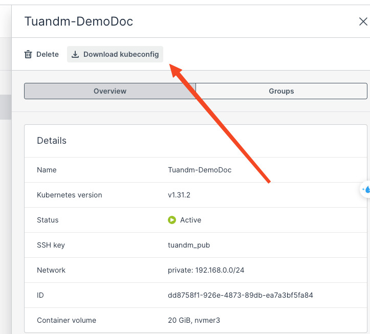 Tải về file kubeconfig do hệ thống cung cấp