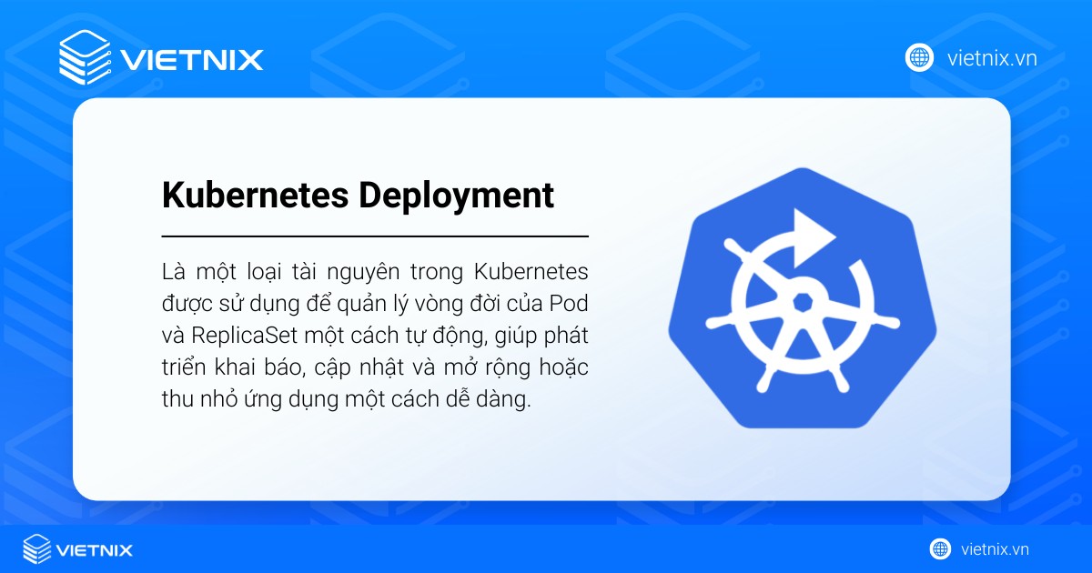 Kubernetes Deployment là gì? Hướng dẫn tạo và quản lý Kubernetes Deployment 22 Kubernetes Deployment được sử dụng để quản lý vòng đời của Pod và ReplicaSet