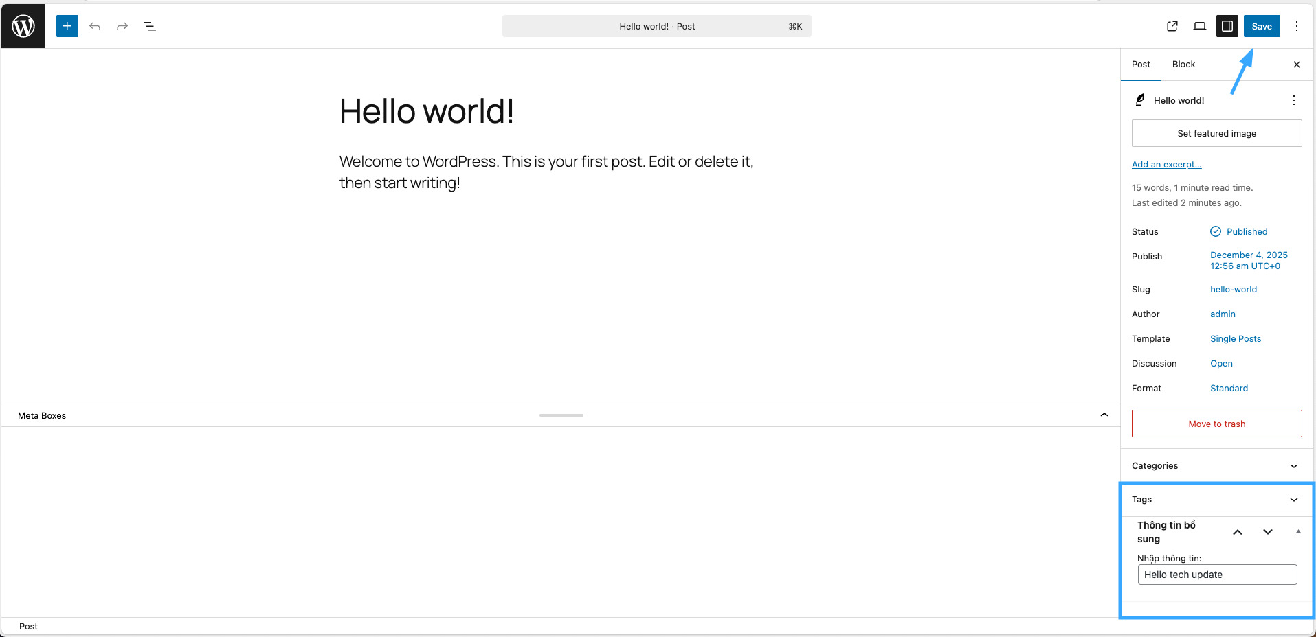 Kết quả ghi nhận dữ liệu nhập từ meta box
