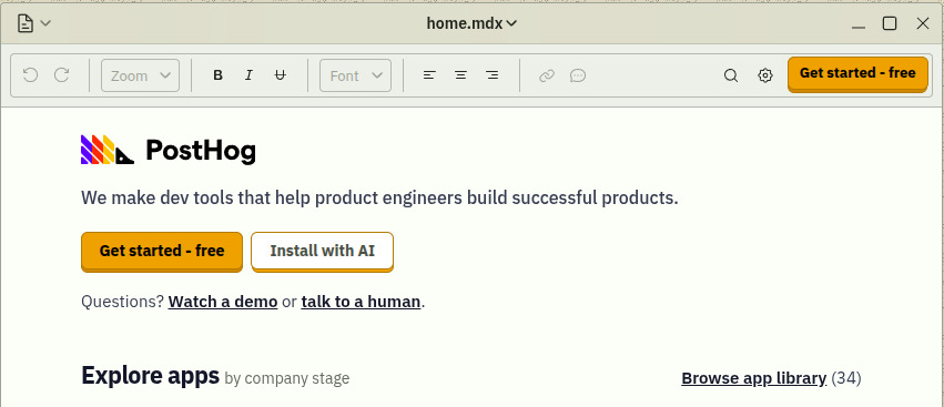 Chọn Get started - free để tạo tài khoản PostHog Cloud
