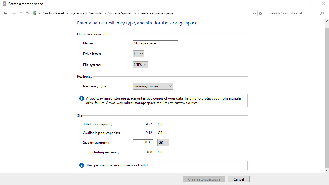 Nhập tên, kiểu bảo vệ dữ liệu và dung lượng