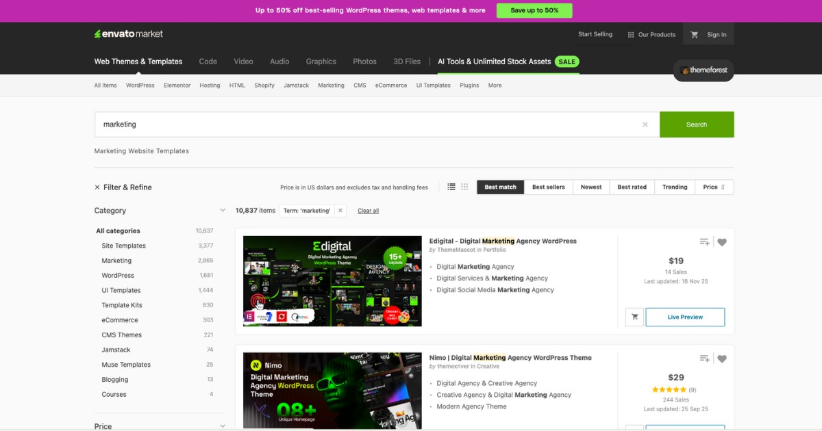 Truy cập vào ThemeForest và tìm kiếm theme theo đúng mục đích sử dụng