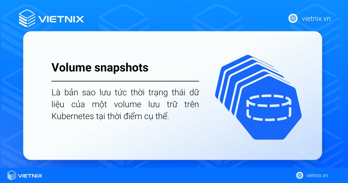 Volume snapshots là bản sao lưu nhanh trạng thái dữ liệu của một volume trên Kubernetes