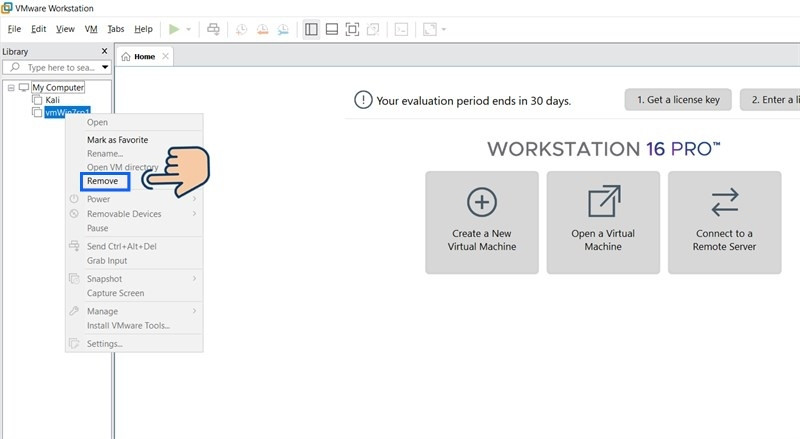 Bạn click chuột phải vào máy ảo cần xóa, chọn Remove