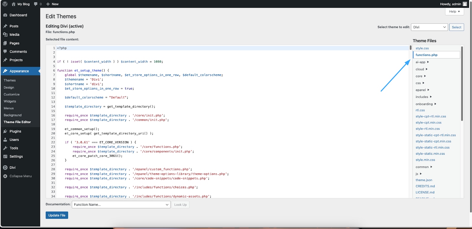 bạn tìm và chọn file functions.php của Child Theme đang sử dụng