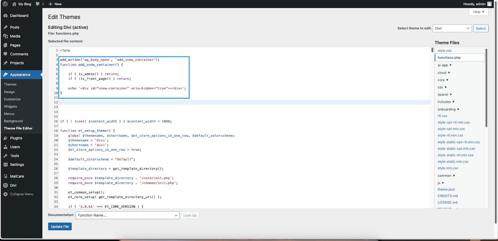Code mẫu trong file functions.php