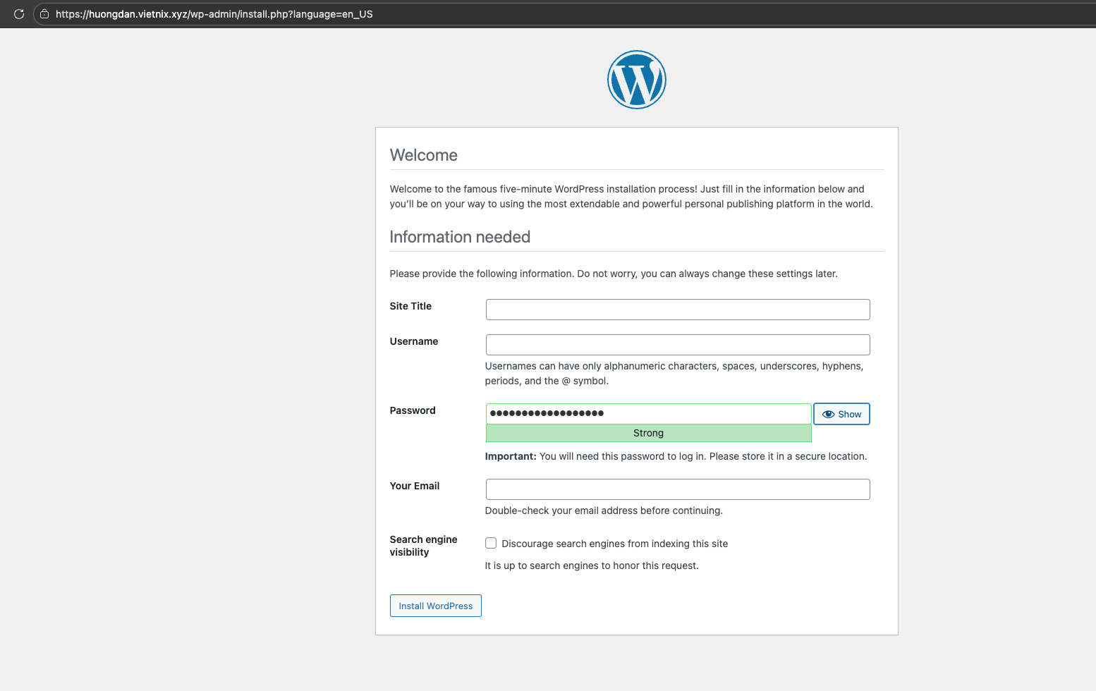 Tạo tài khoản admin, mật khẩu và email quản trị cho site WordPress