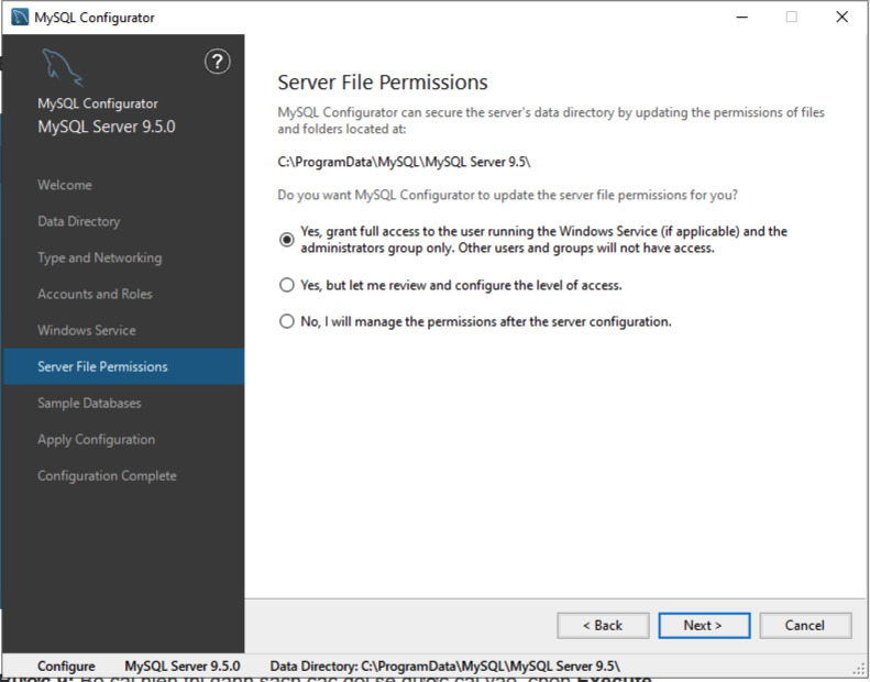 Hướng dẫn cài đặt MySQL trên Windows Server chi tiết, nhanh chóng 41 Xác định quyền truy cập vào thư mục dữ liệu đã được chọn