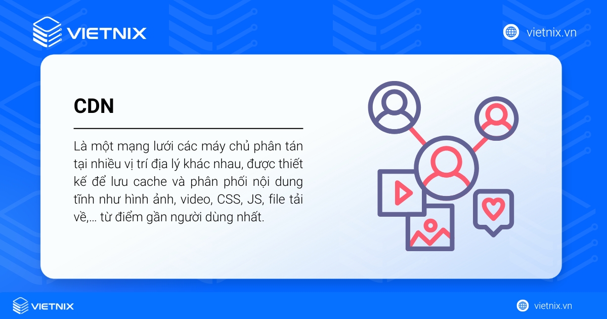 CDN là mạng lưới máy chủ phân tán theo địa lý, dùng để cache và phân phối nội dung tĩnh từ vị trí gần người dùng nhất