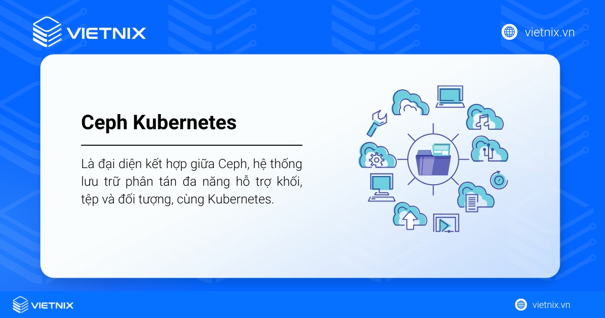 Ceph Kubernetes là sự kết hợp giữa Ceph và Kubernetes, cung cấp hệ thống lưu trữ phân tán hỗ trợ khối, tệp và đối tượng