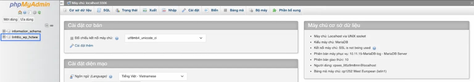 Chọn database của website WordPress